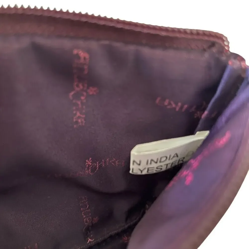 Anuschka Wine Red Jacquard Weave Satin Zip Top Pouch Bag Makeup Case Coin Purse